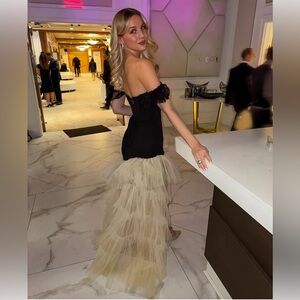 Elegant Black and Cream Off-Shoulder Gown